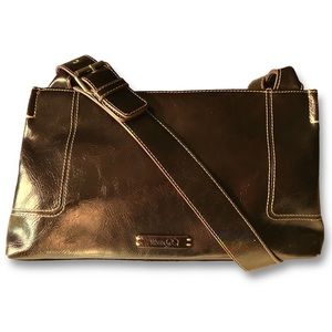 NINE & CO Dark Brown Faux Leather, Silver Hardware Structured Shoulder Bag GUC